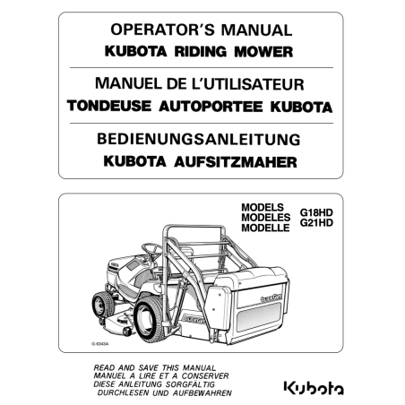 Manuel d'utilisateur tondeuse Kubota G18 HD / G21 HD - Version digitale Manuels espaces verts
